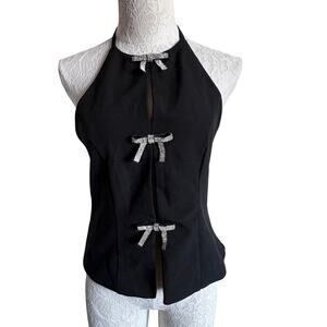 Crystal Sky Black Halter Top M Rhinestone Bow Detail Party Holiday Vixen